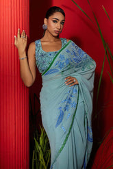 Mint silk georgette embroidered saree set